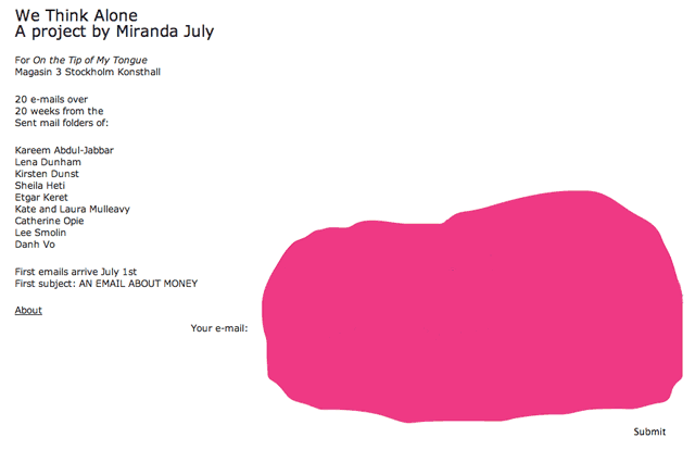 Email submission form on Miranda July's project WeThinkAlone.com with Hyperallergic's gif-y annotation. (created by Hrag Vartanian for Hyperallergic)