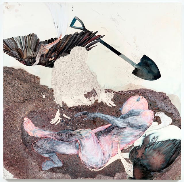 Kymia Nawabi, "Not For Long, My Forlorn," (2011), acrylic, crayon, glitter, ink and watercolor on paper mounted to box-panel frame 48 x 48 in.