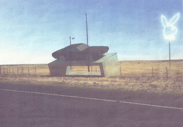 An artist’s rendering of the Playboy outdoor art installation planned near Marfa as rendered in documents filed with Presidio County, Texas. (image courtesy Big Bend Sentinel and used with permission)