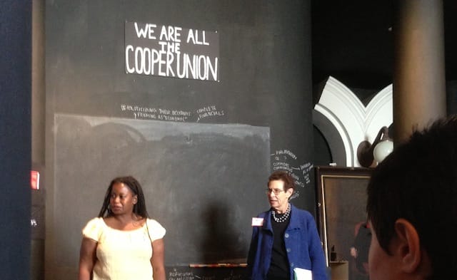 Cooper-appointed mediators chat with students at an introductory session earlier in June. Last week, Free Cooper Union announced a rejection of the mediation. (photograph by the author for Hyperallergic)