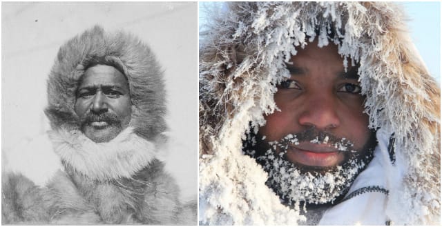 Matthew Henson in 1910 (via Wikimedia) and Tavares Strachan on his North Pole journey (via the artist)