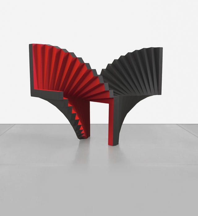 George Sugarman, "Black and Red Spiral" (1968–69), acrylic on wood, 40 1/2 x 46 x 21 1/2 inches (all images © Estate of George Sugarman, courtesy Gary Snyder Gallery, New York)