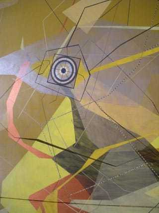 Dannielle Tegeder, detail of "Zolesay: Solar Copper Calculation Shape Language Velocity and Crystalline Code with Rhapsodic Headquarter Global Center and Atomic Mapping Center with Rectangle Space Construction Areas and Movable Segment Countries with Problem Solver Copper Transformation Shape Conductors" (2013),  acrylic and ink on canvas,  9 ft 10 in x 16 ft 4 in (2.9 x 4.9 m) overall (click to enlarge)