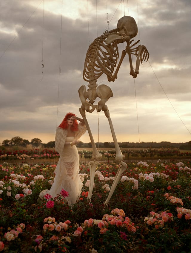 Tim Walker, "Malgosia Bela and crying skeleton Cants of Colchester, Essex" (2008) (©Tim Walker, Dreamscapes at The Bowes Museum)