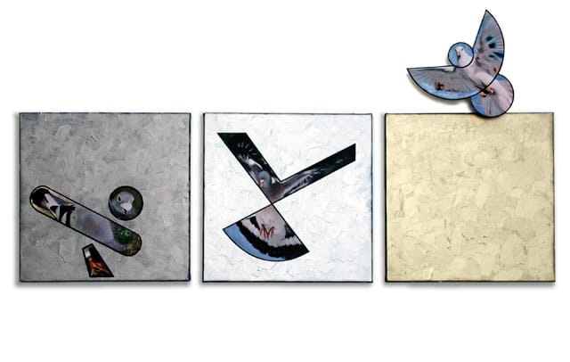 Susan Weil, "Escape" (2013), mixed media with collage on canvas and Masonite, 28 ½ x 57 x 3 ½ inches