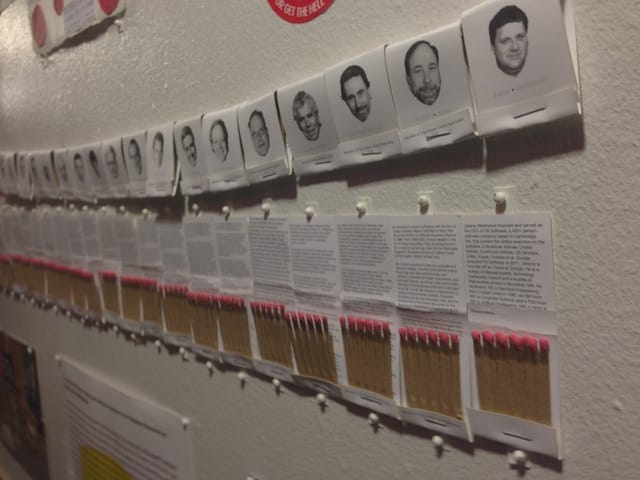 Specially-produced Trustee Matchbooks, each featuring a trustee headshot and bio, distributed by Cooper Union at their very first post-tuition protest.