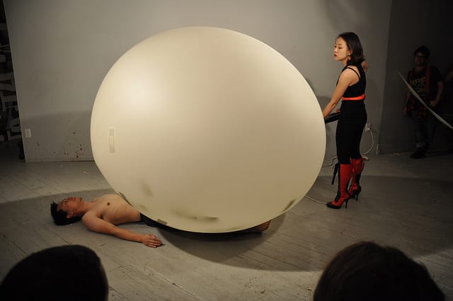 A view of a performance by Heeran Lee and Miao Jiaxin on Friday, July 12, 2013, at Grace Exhibition Space during "Climate Change: Language Action Poetry Facilitators - From Asia With Love." (all photos by the author unless otherwise noted)