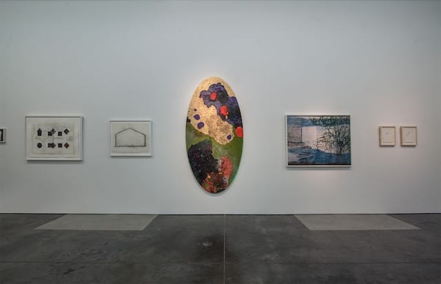 From left to right: Roger Kraft, "Untitled" (2003), pigment on paper; Adam Jones, "Our House" (2010), charcoal on paper; Jim Leedy, "Space Time," (2011), mixed media on canvas; Jeremiah Ariaz, "Latitude: 34:0789 Longitude: -118.370" (2007); Peregrine Honig, "Snake Mother" and "Cat Mother" (both 2012), ink and egg tempera on arches. Photographer credit: E.G. Schempf