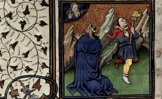 Detail of a miniature of David in prayer, and a fool, at the beginning of Psalm 52. (image via )