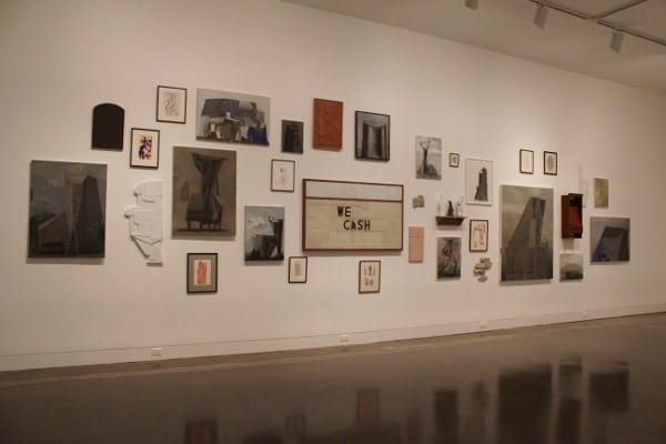 Whiting Tennis, who hails from Seattle, garners a salon-arrangement of his painted works, which feature bizarre bits of invented architecture. A good wall for lingering.