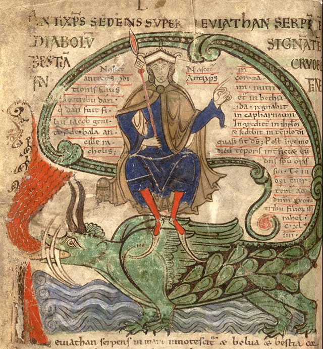 The Antichrist on the Leviathan, from "Liber Floridus" (1120). Illuminated medieval manuscripts regularly used Iris Green. (via Google Books)