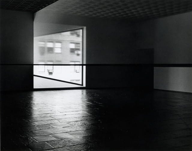 Robert Irwin, "Scrim veil—Black rectangle—Natural light" (1977), at the Whitney Museum of American Art; cloth, metal, and wood, 144 × 1368 × 49 in (© Robert Irwin, photo © Warren Silverman, via whitney.org)