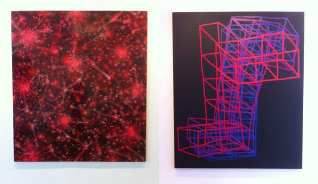 Left: David Mann, "Barcelona" (2012), acrylic and oil on canvas stretched over board, 72 x 65 in; right: Jason Karolak, "Untitled (P-1305)" (2013), oil on canvas, 84 x 71 in