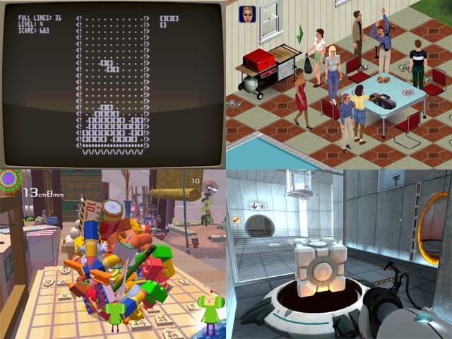 Views of various games on display at MoMA's Applied Design show, including (clockwise from top left) "Tetris" (1984), "The Sims" (2000), "Value" (2005–2007), and "Katamari Damacy" (2003). (all images courtesy MoMA)