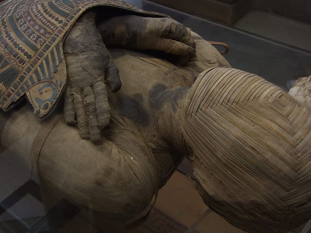 An Egyptian mummy on display in France (photograph by Priscilla Jordão/Flickr user)
