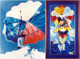Red Skelton parasailing, and a painting of a clown inspired by the adventure (via redskelton.com)
