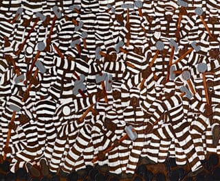 Winfred Rembert, “All Me II” (2002), dye on carved and tooled leather, 31 1/2 x 37 3/4 in (click to enlarge) (image via Flint Institute of Arts)
