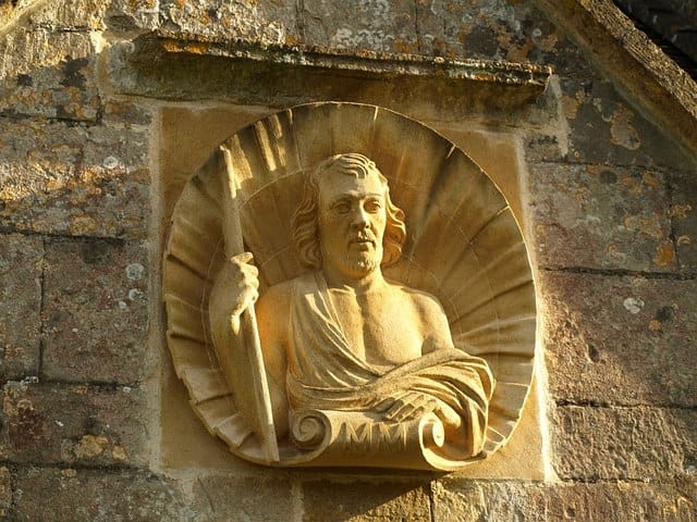 Carving of St. James in a scallop in Somerset (via Wikimedia)