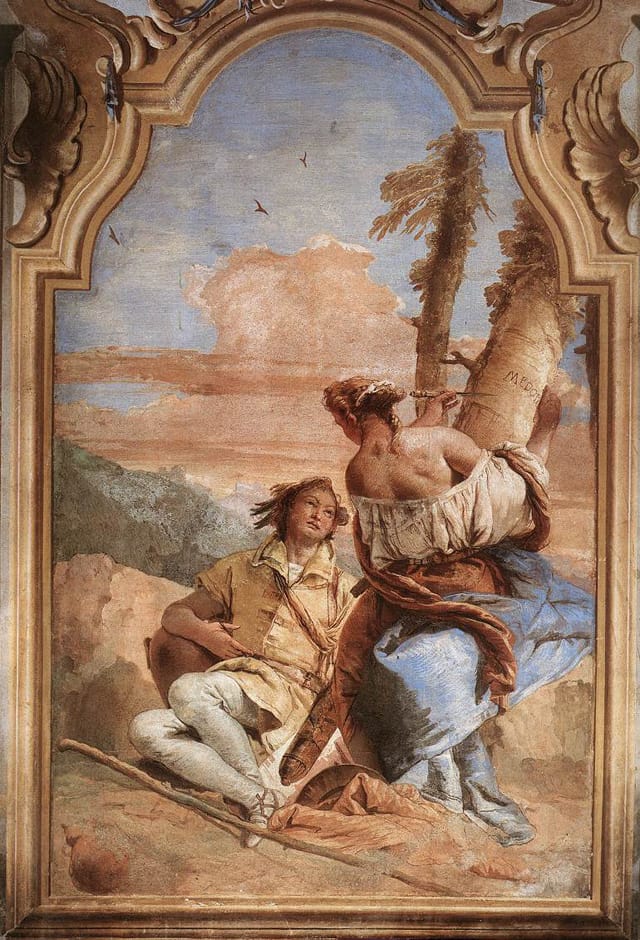 Giovanni Battista Tiepolo, "Angelica Carving Medoro's Name on a Tree" (1757), fresco, 20 x 160 cm, Villa Valmarana, Vicenza (image via Web Gallery of Art) 