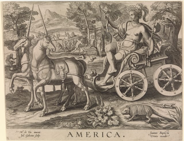 "America," from "The Four Continents" by Julius Goltzius, after Maerten de Vos (Dutch, 16th century), engraving,  8 5/8 x 11 1/16 in. (© The Metropolitan Museum of Art) 