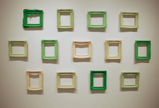 Jil Weinstock, "Green Frame Tableau" (2008), pigmented cast rubber, 50 x 90 x 2 in (via Walter Maciel Gallery)