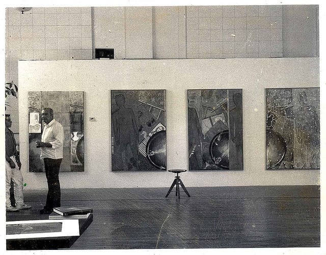 Jasper Johns and James Meyer in the studio. Photo by Hans Namuth. according to James Meyer, the photo was taken in Johns' Houston Street studio, the old Provident Loan Society lobby. (image via flickr user TK)