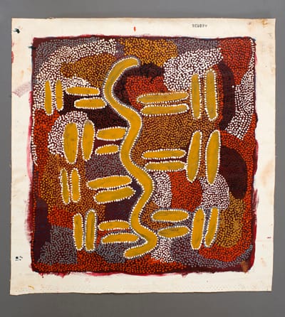 A painting on canvas from Yuendumu, Northern Territory by Topsy Nampijinpa showing Ngapa Dreaming (water).