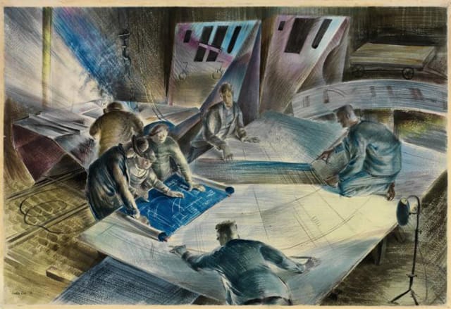 Leslie Cole, "Reading a Blueprint for the Manufacture of a Naval Gun" (1941) (© IWM)