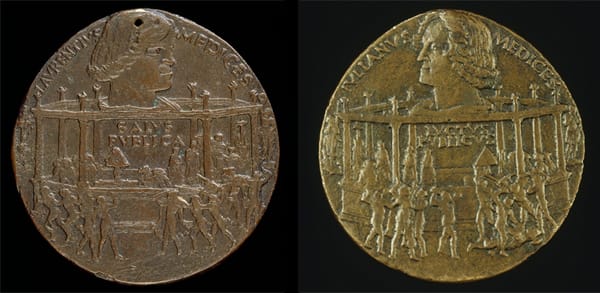 Bertoldo di Giovanni The Pazzi Conspiracy Medal: Lorenzo de’ Medici, il Magnifico (1449–92) [obverse]; The Murder of Giuliano I de’ Medici [reverse], 1478 Bronze, diameter 6.6 cm (2 5/8 in.) National Gallery of Art, Washington, DC, Samuel H. Kress Collection Image courtesy of the Board of Trustees, National Gallery of Art