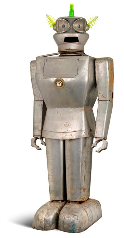 An Italian humanoid aluminium robot entitled `Cygan'  circa 1957, design by Dr. Ing  Fiorito With replaced neon perspex mohican and antennae 100 in. (254 cm.) high