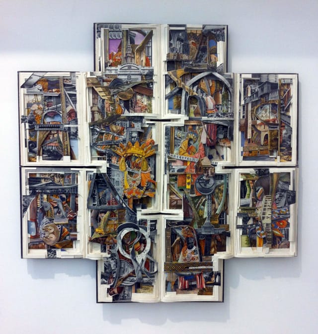 Brian Dettmer, “Lands and Peoples” (2011), hardcover books, acrylic varnish, 30 x 30 x 2.5 in