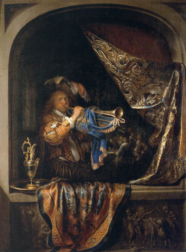 Gerrit Dou, "Trumpet-Player in Front of a Banquet" (1660–65), oil on wood, 38 x 29 cm (Musée du Louvre, Paris, image via Web Gallery of Art)