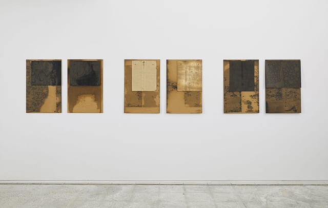 Dorothea Rockburne, "Study for Scalar" series, C through H (1970), nails, crude oil, chipboard, and paper; each: chipboard, 30 x 20 in (76.2 x 50.8 cm), paper, 16 3/4 x 13 in