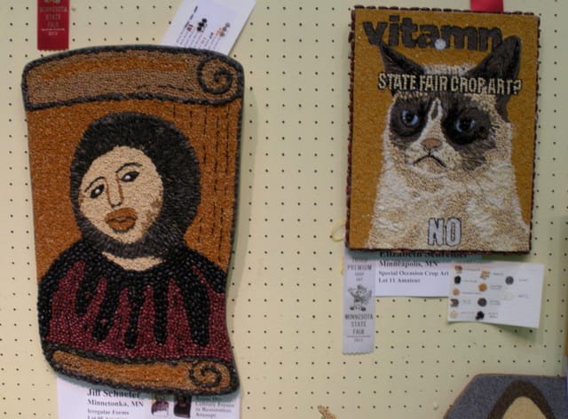 Crop art, aka art made from seeds and corn kernels. Two favorite contributions: Beast Jesus and Grumpy Cat.