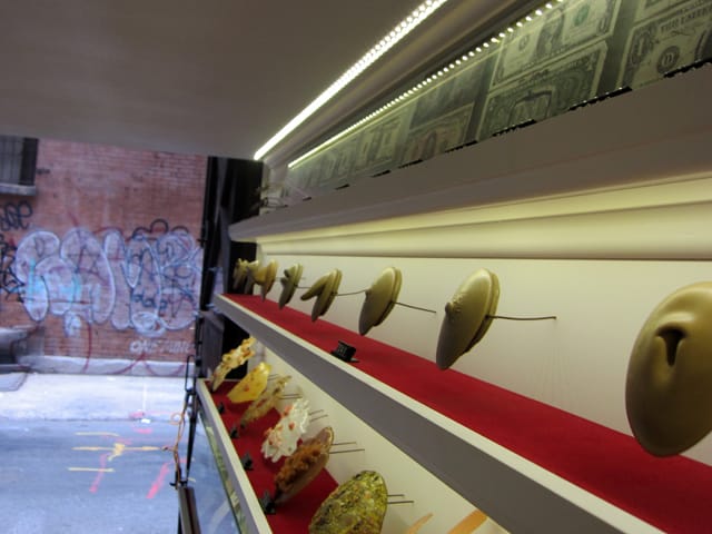 View to Cortlandt Alley, with piercing example "flesh" and fake vomit