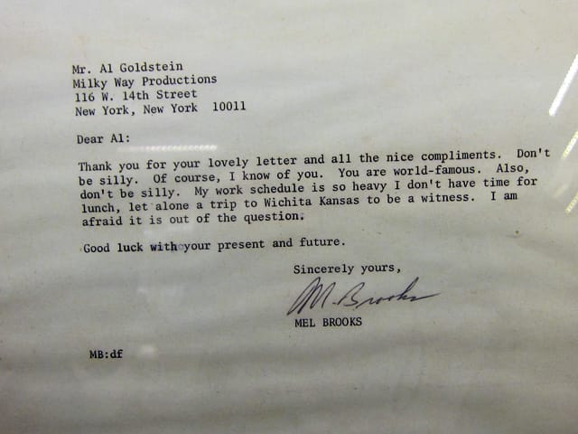 Letter from Mel Brooks to pornographer Al Goldstein, whose personal possessions are on display