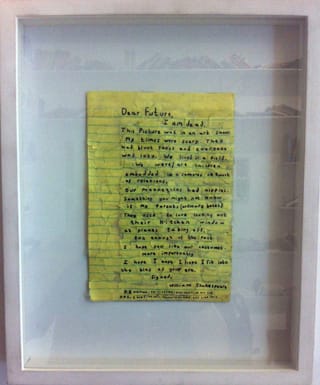 Simon Evans, “Letter to the Future” (2010), paper, tape, pen, 7.5 x 5 in (click to enlarge)