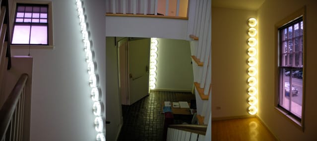 A composite of (from left to right) Dan Flavin's "untitled (to Jim Schaeufele) 2," "untitled (to Jim Schaeufele) 1," and "untitled (to Jim Schaeufele) 3" (all 1972)