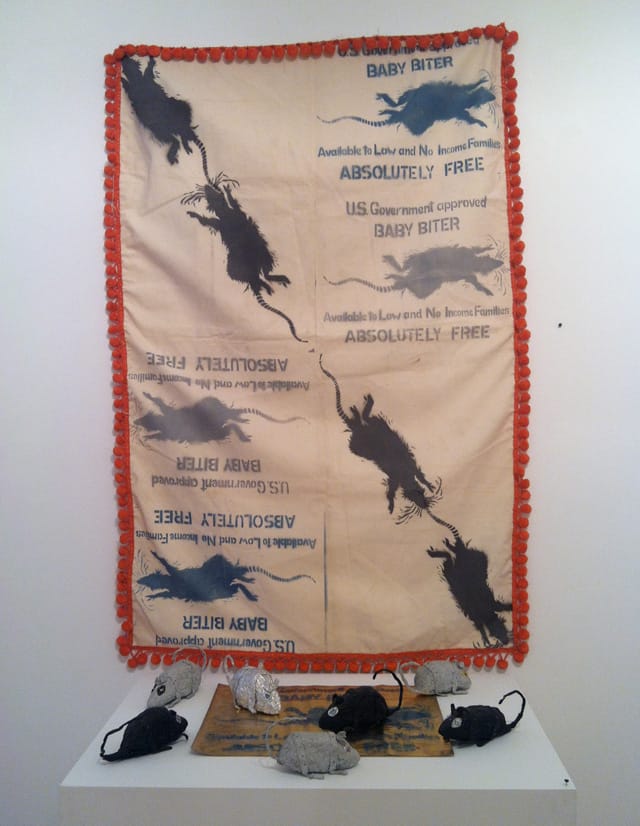 Thomas Lanigan-Schmidt, "Placemats & Tablecloth (Baby Biter)" (c. 1967–68) and "Rats" (1970s)