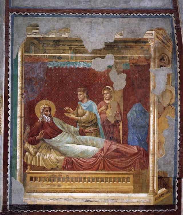 Master of the Isaac Stories, "Scenes from the Old Testament: Isaac Rejecting Esau" (1290s),  fresco, 300 x 300 cm, (Upper Church, San Francesco, Assisi) (image via Web Gallery of Art)