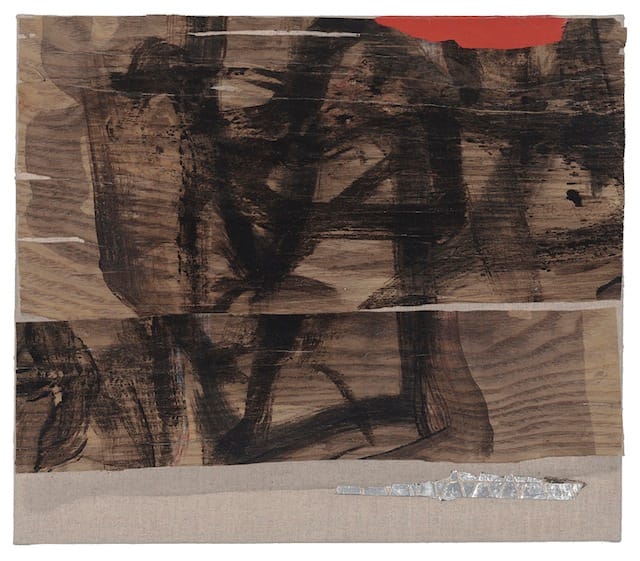 Little Nomad 4, 2013, 13 x 15", aluminum tape, Flashe, ink, pencil, wood veneer on linen