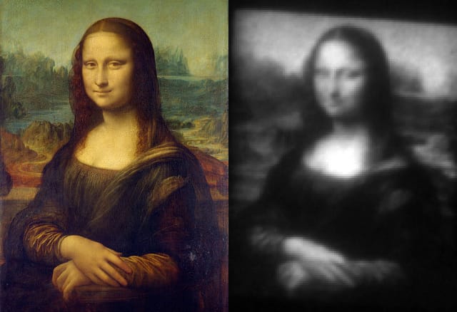 Leonardo da Vinci's "Mona Lisa" (via Wikimedia); and the "Mini Lisa" at 30 microns (via Georgia Tech)