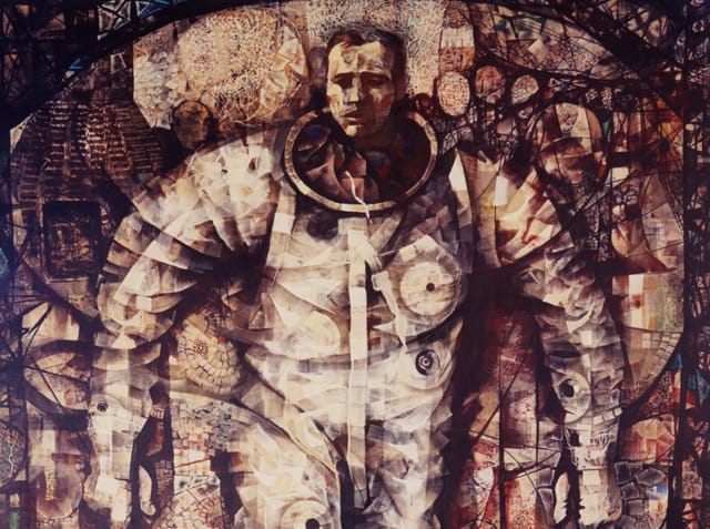 Mitchell Jamieson, "First Steps" (1963), acrylic, gauze, and paper on canvas, showing Gordon Cooper leaving the Mercury spacecraft. 
