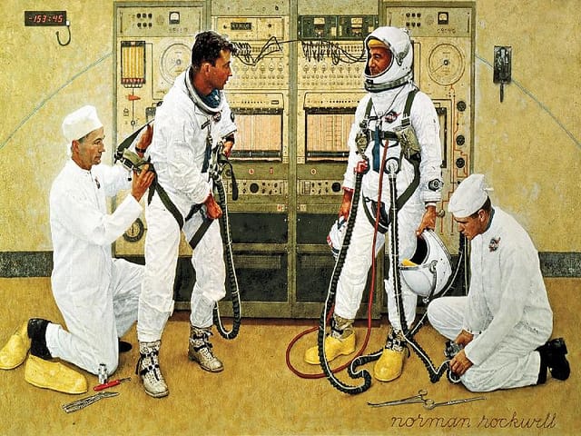 Norman Rockwell, "Grissom and Young" (1965). Here astronauts John Young and Gus Grissom suit up for the first Gemini program flight. NASA loaned Rockwell a Gemini suit for the painting. 
