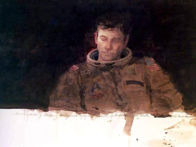 Henry Casselli, "When Thoughts Turn Inwards" (1981), watercolor. The painting shows astronaut John Young as he suits up for an April 12, 1981 launch, the first time the new space shuttle would carry humans. 