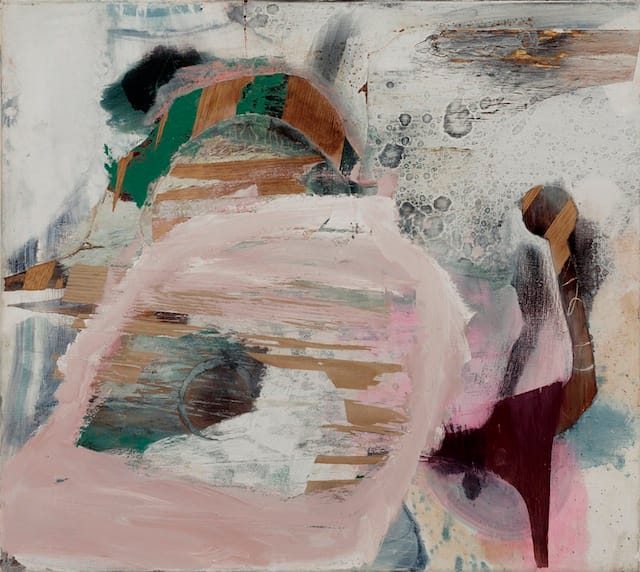 Nomad (revised), 2013, 34 x 38", acrylic, Flashe, oil, spray enamel, tape, wood veneer on linen