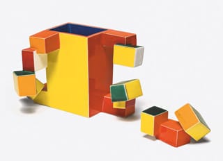 Ken Price, "Untitled Cup (Geometric Cube Cup and Object)" (1974), painted and glazed ceramic, cup: 4 x 6 ½ x 4 ½ in, object: 2 x 3 ¼ x 1 ½ in (The Menil Collection, Houston, Bequest of David Whitney) (© Ken Price, photo © Fredrik Nilsen, courtesy Metropolitan Museum) (click to enlarge)