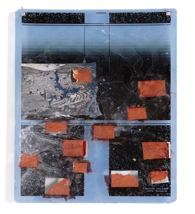 R88, 2011, 11 7/8 x 9 7/8", leather, paper, pigment on roentgenograph 