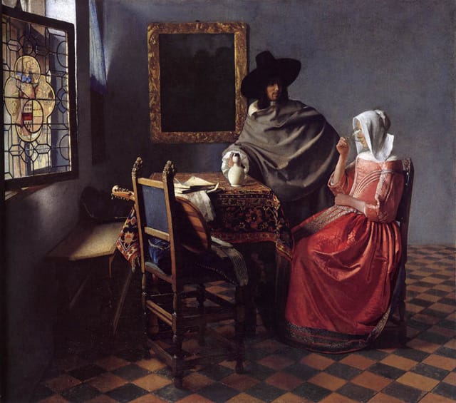 Johannes Vermeer, "A Lady Drinking and a Gentleman" (c. 1658), oil on canvas, 66.3 x 76.5 cm, Staatliche Museen, Berlin (via Web Gallery of Art)
