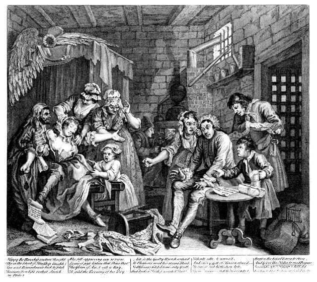CAPTION: William Hogarth, "A Rake's Progress," Plate 7: The Prison Scene (1735) (via Wikimedia)